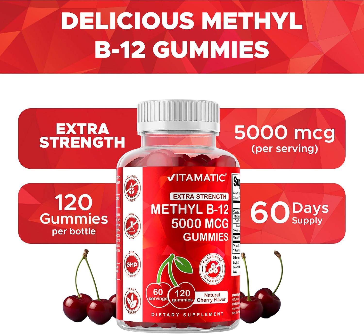 Vitamatic Extra Strength Vitamin B12 5000 mcg (Methyl B12) Gummies – Natural Cherry Flavour – 120 Count - görsel 4
