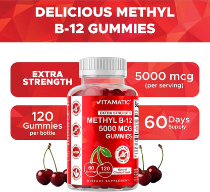 Vitamatic Extra Strength Vitamin B12 5000 mcg (Methyl B12) Gummies – Natural Cherry Flavour – 120 Count