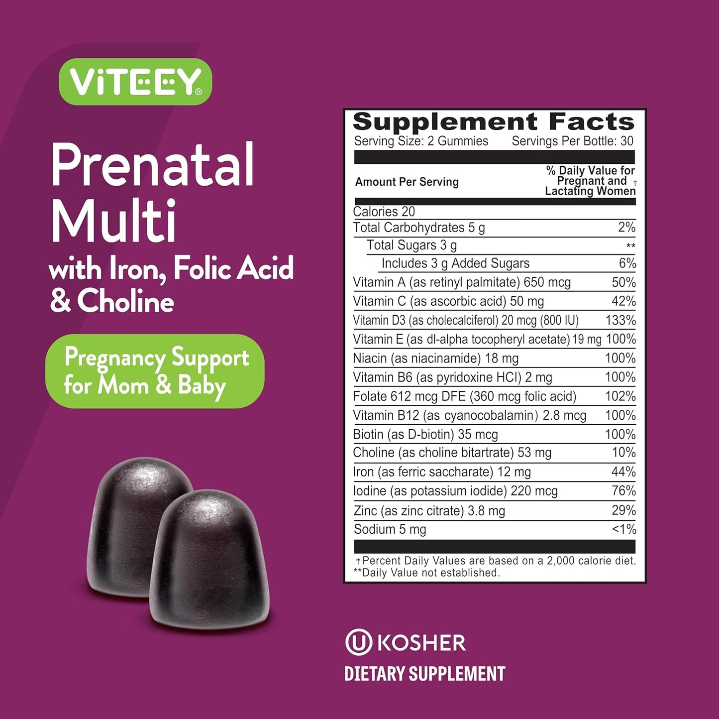 Viteey Prenatal Gummies with Iron, Folic Acid & Choline - 60 Count - görsel 4