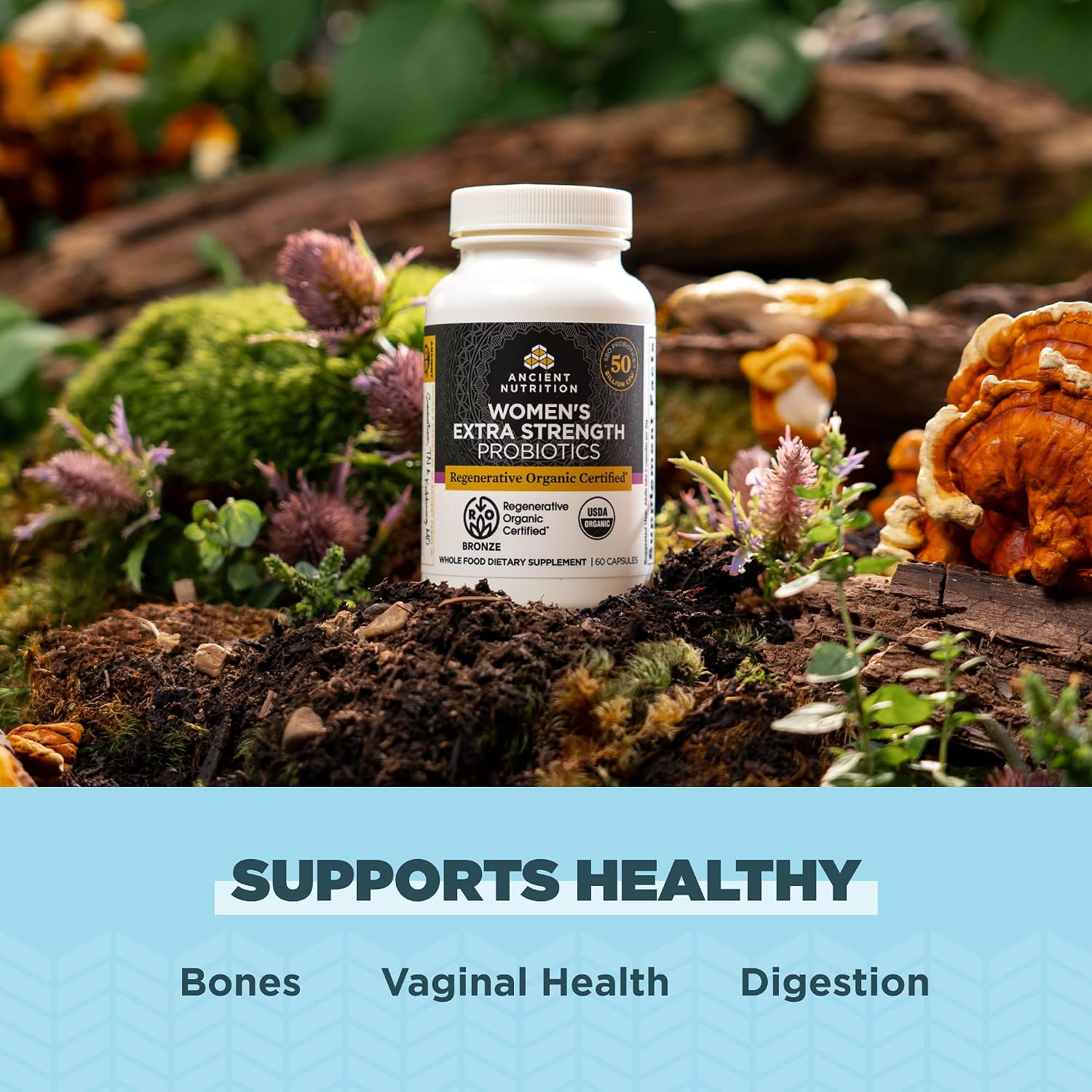 Ancient Nutrition Regenerative Organic Certified Probiotics for Women, Extra Strength, Digestive and Immune Support, 50 Billion CFUs* Per Serving, 60 Count - görsel 3