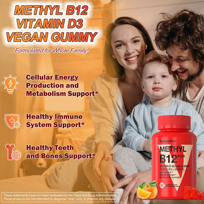 Vegan Vitamin D3 & B12 Gummies, Methyl B12 Supplement for Adults & Children, Enhanced with Vitamin D3 for Natural Energy, Immune Support, Metabolism, and Focus, Orange Flavour, 90 Gummies
