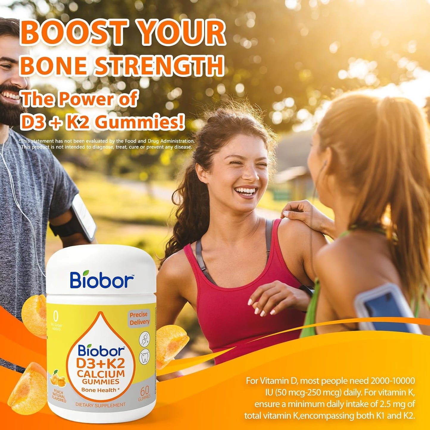 Biobor Vitamin D3 K2 Gummies with Calcium, 2000 IU D3 & 200 mcg K2 (MK-7) & 200 mg Calcium, No Added Sugar, Yellow Peach, 60 Count - görsel 6