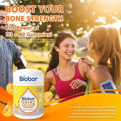 Biobor Vitamin D3 K2 Gummies with Calcium, 2000 IU D3 & 200 mcg K2 (MK-7) & 200 mg Calcium, No Added Sugar, Yellow Peach, 60 Count