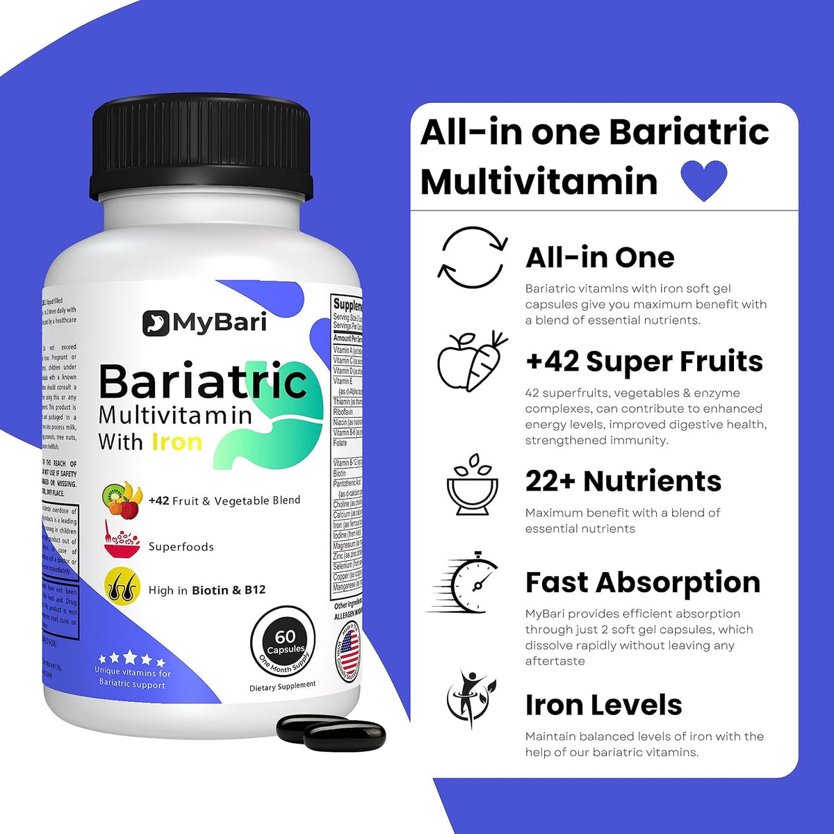 MyBari All-in-One Bariatric Multivitamin with Iron - 60 Liquid Capsules - görsel 2