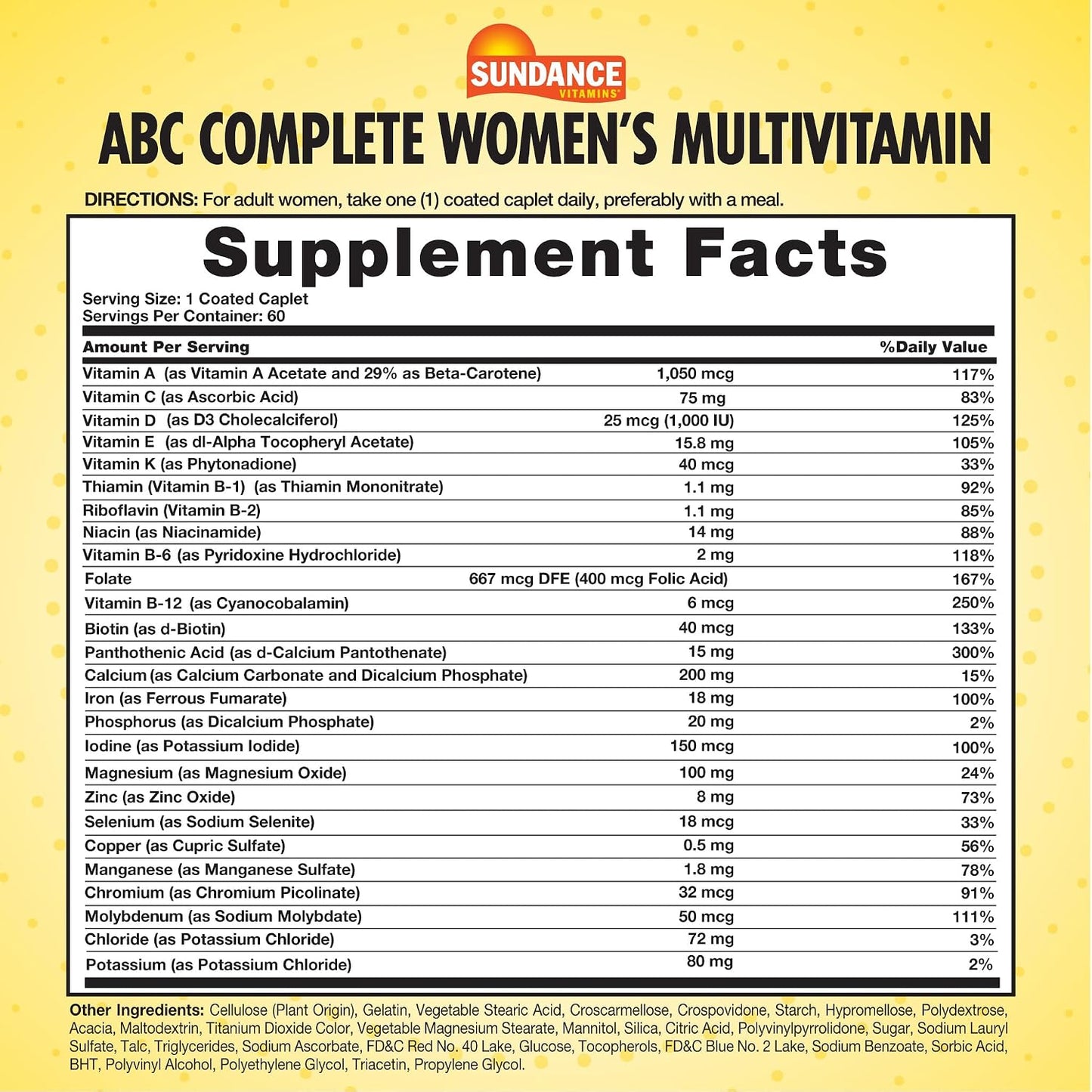 Sundance Vitamins Women’s ABC Complete Multivitamin & Mineral Formula | Daily Women’s Multivitamin | 60 Coated Caplets | Non-GMO & Gluten-free - görsel 2
