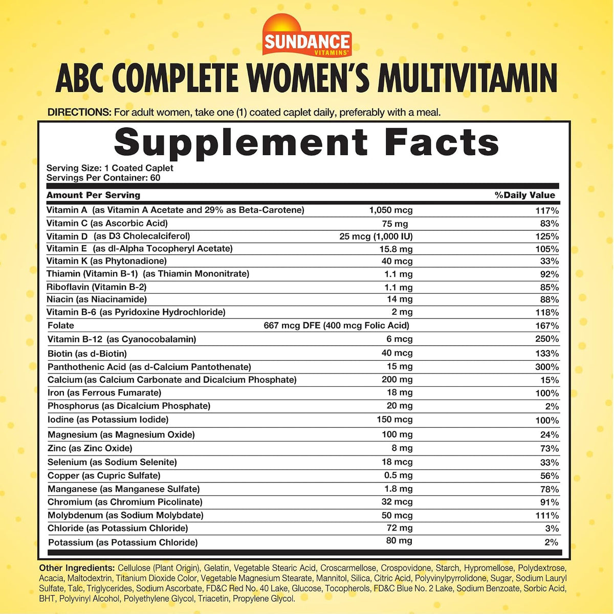Sundance Vitamins Women’s ABC Complete Multivitamin & Mineral Formula | Daily Women’s Multivitamin | 60 Coated Caplets | Non-GMO & Gluten-free - görsel 2