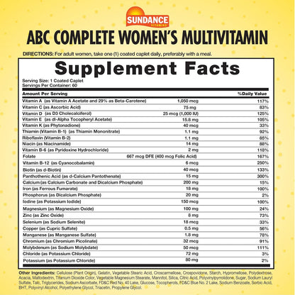 Sundance Vitamins Women’s ABC Complete Multivitamin & Mineral Formula | Daily Women’s Multivitamin | 60 Coated Caplets | Non-GMO & Gluten-free
