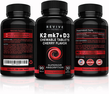 Revive Herbs Vitamin K2 D3 - Cherry Flavoured Chewable Tablets for Superior Calcium Absorption - Supports Bone & – Image 4