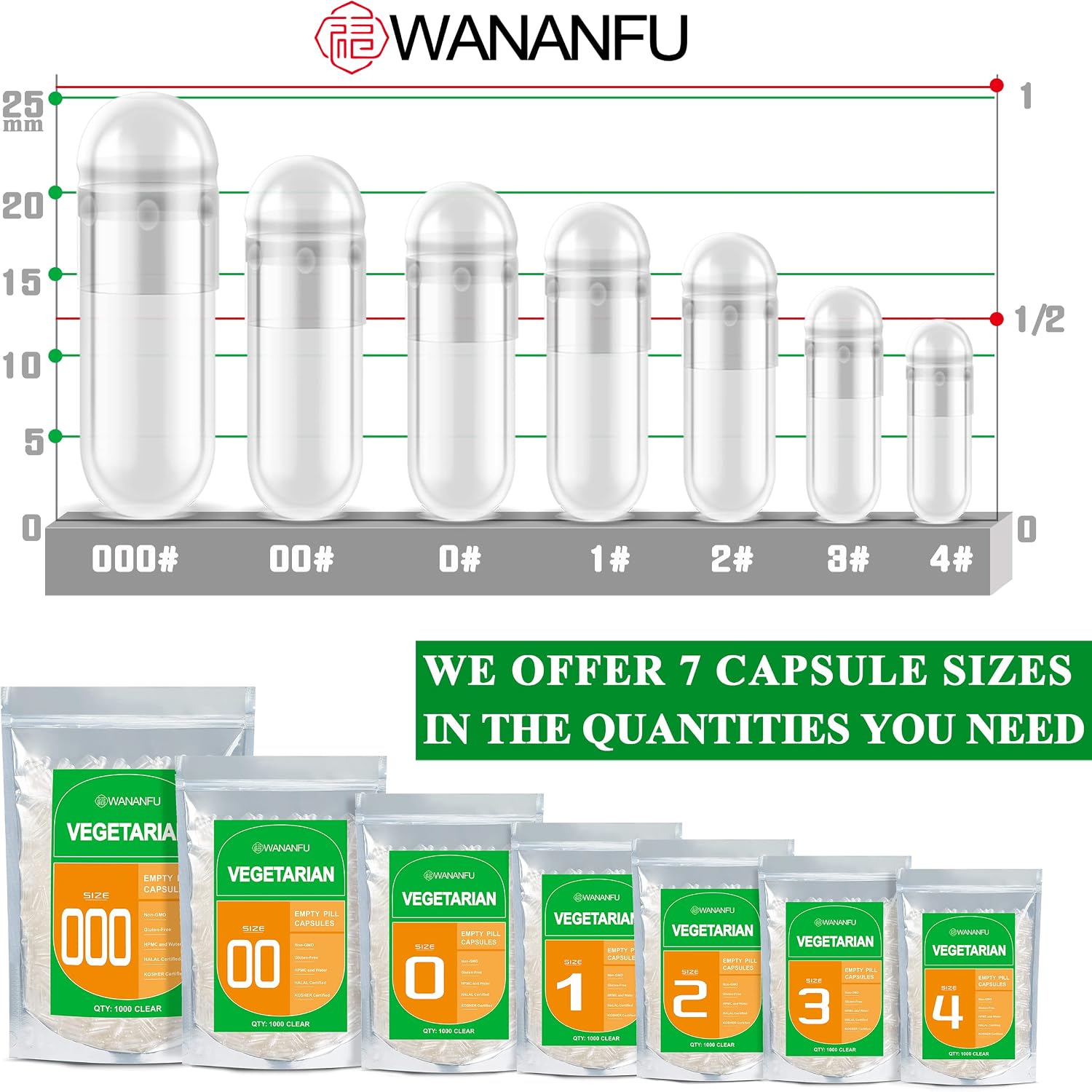 wananfu Size 00 Empty Capsules Vegetarian (500 Count) with Micro Lab Spoon - görsel 6