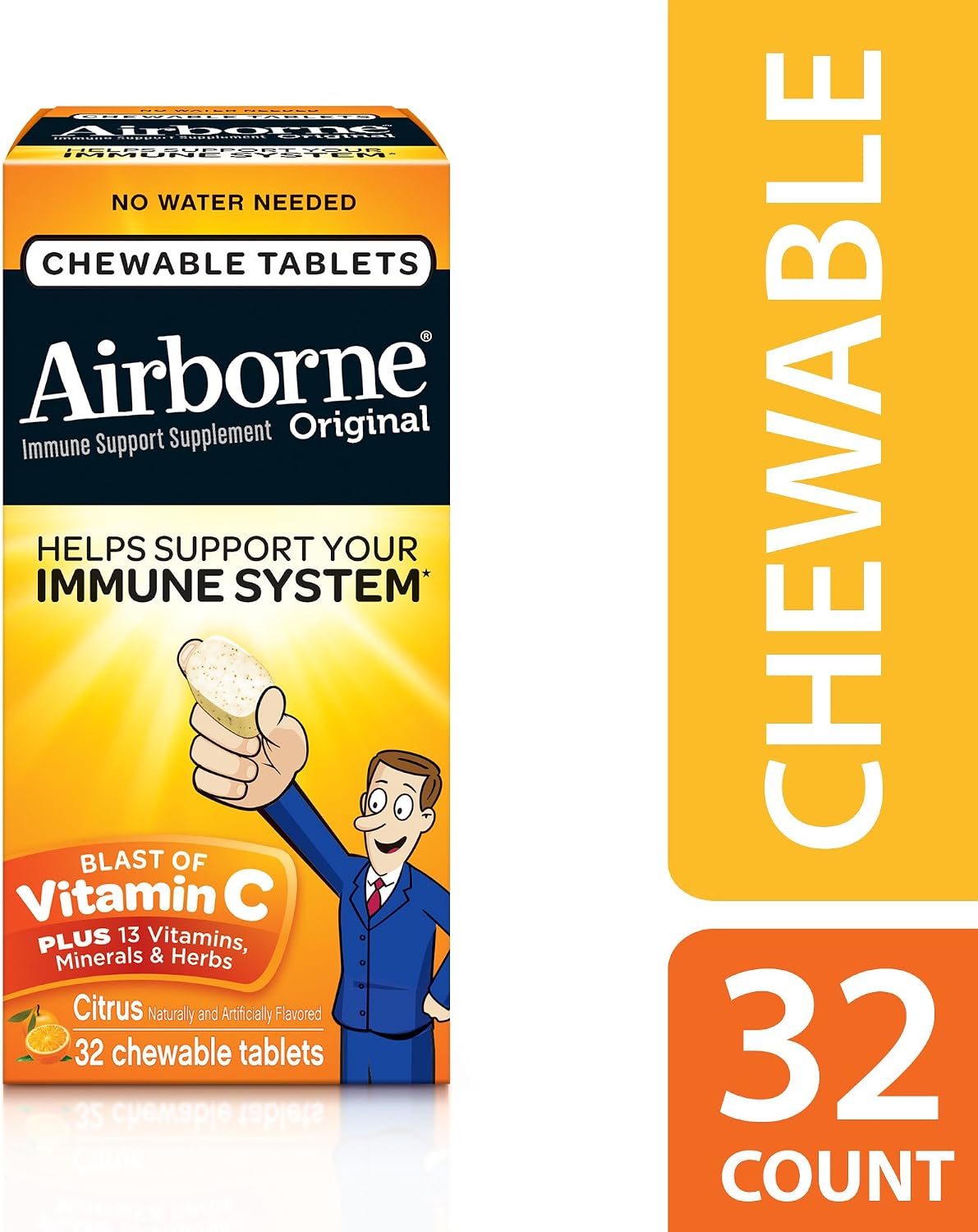 Airborne 1000mg Vitamin C Chewable Tablets with Zinc, Immune Support Supplement with Powerful Antioxidants Vitamins A C & E - 32 Chewable Tablets, Citrus Flavour - görsel 2