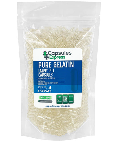 XPRS Nutra Size 4 Empty Gelatine Capsules for Cats - 1000 Count, Clear, Easy to Fill