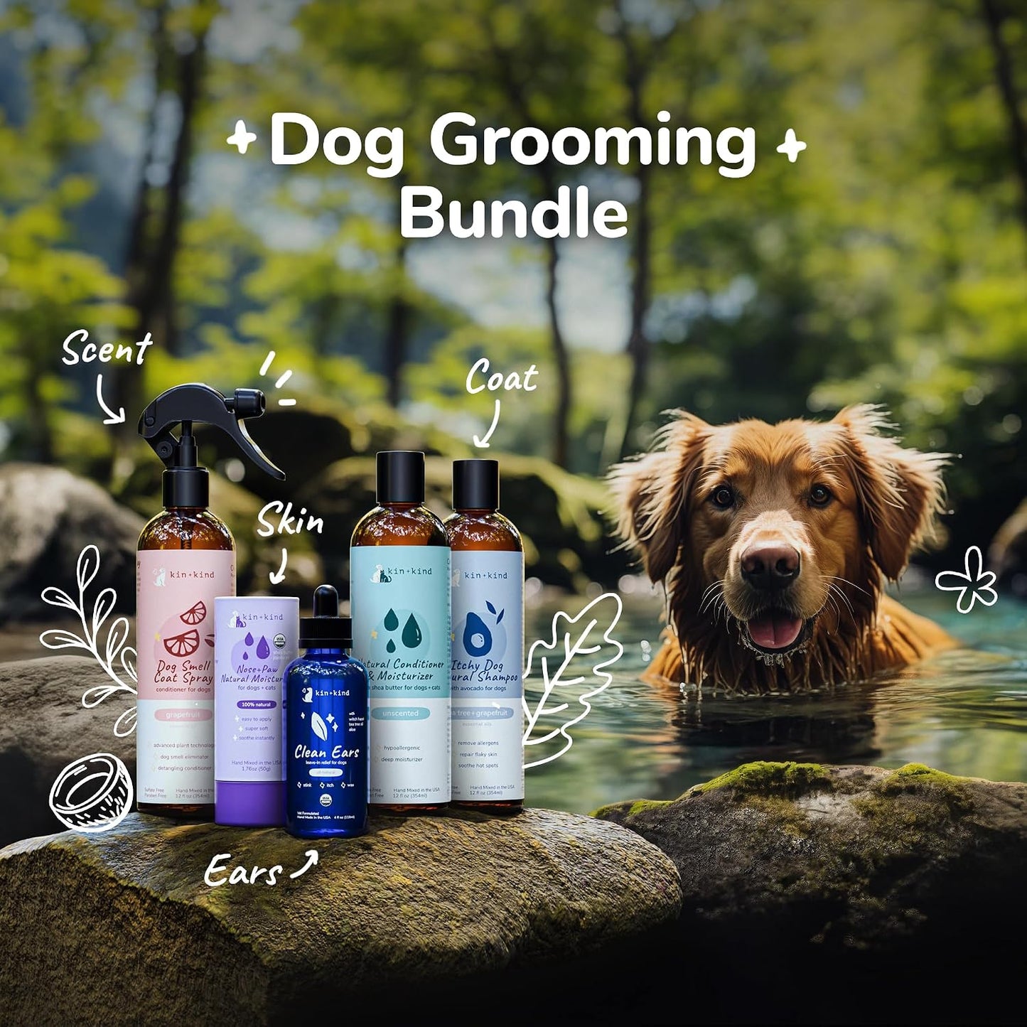kin+kind Cat and Dog Grooming Supplies Bundle – Dog Spray, Paw Balm and Ear Cleaner, Dog Shampoo and Conditioner – Natural Care Kit to Clean, Soothe, and Nourish Your Pet’s Coat, Paws, and Ears - görsel 2