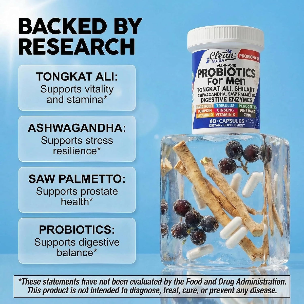 Clean Nutra Men's Probiotic with Tongkat Ali, Ashwagandha & Shilajit - All-in-One Supplement - 60 Capsules - görsel 3