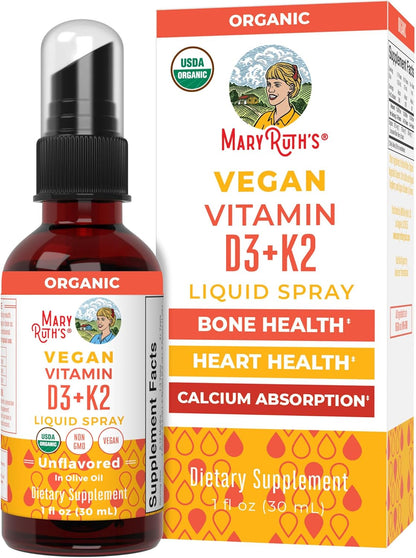 MaryRuth's Organic D3 + K2 Spray - Vitamin D3 & K2 (MK-7) for Bone Health, Immunity & Normal Blood Clotting - Vegan, Non-GMO, Gluten-free - 30 ml