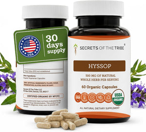 Secrets of the Tribe Organic Hyssop 500 mg Vegetable Capsules – Traditional Herbal Support, USDA Certified, 60 Count – Image 1