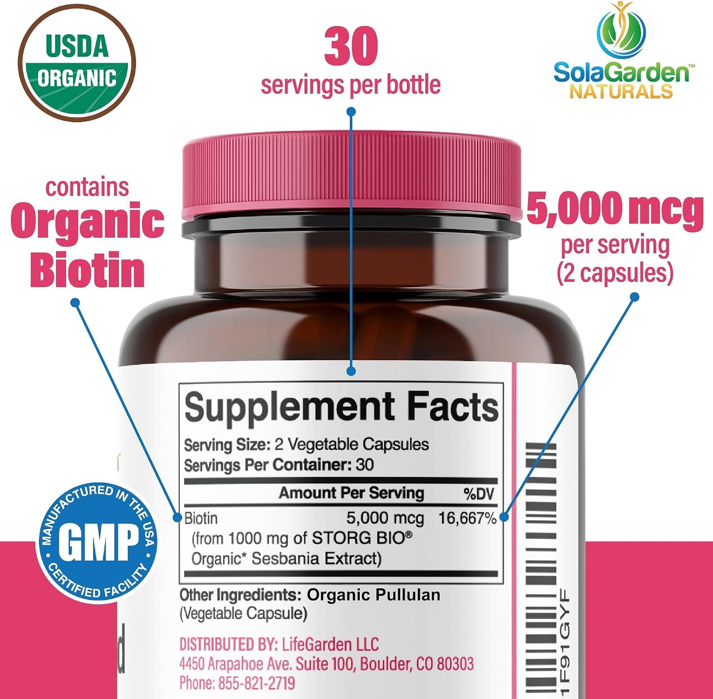 USDA Organic Whole Food Biotin Supplement - 5000 mcg Plant-Based Biotin from Sesbania Agati - Non-GMO Vegan Capsules for Hair, Skin, and Nails - 60 Count - görsel 3