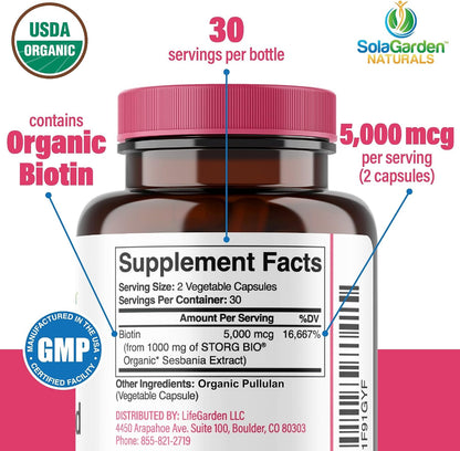 USDA Organic Whole Food Biotin Supplement - 5000 mcg Plant-Based Biotin from Sesbania Agati - Non-GMO Vegan Capsules for Hair, Skin, and Nails - 60 Count