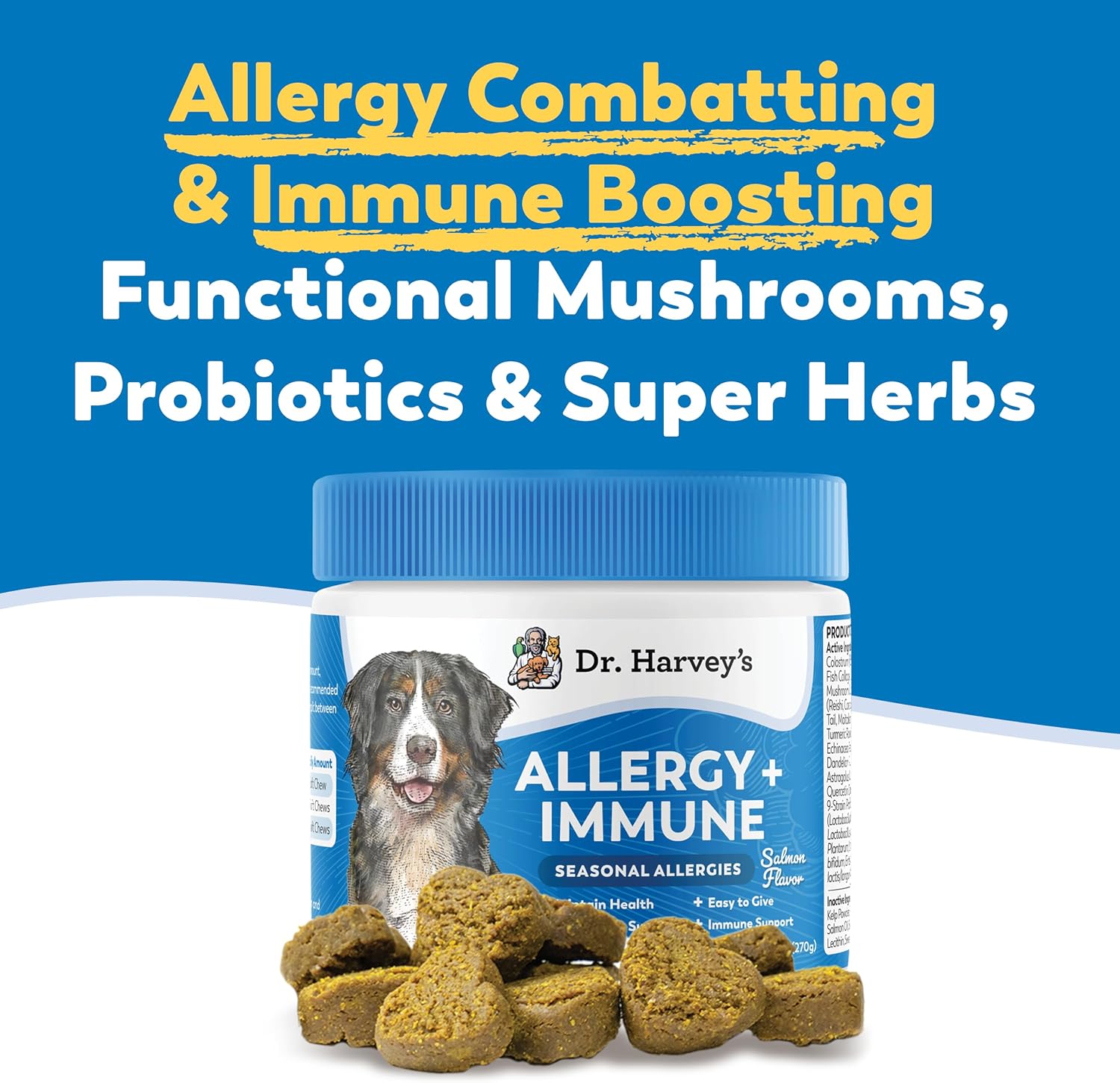 Dr. Harvey's Dog Allergy & Anti-Itch Relief Soft Chew Supplement Bites for Dogs, Daily Immune & Digestive Health Support with Functional Mushrooms, Super Herbs, Probiotics, Salmon Flavour (90 Chews) - görsel 2