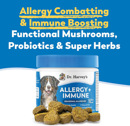 Dr. Harvey's Dog Allergy & Anti-Itch Relief Soft Chew Supplement Bites for Dogs, Daily Immune & Digestive Health Support with Functional Mushrooms, Super Herbs, Probiotics, Salmon Flavour (90 Chews)