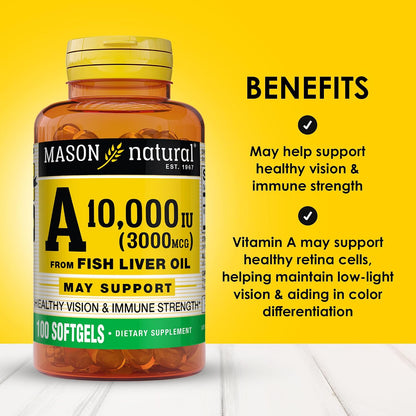 MASON NATURAL Vitamin A 10,000 IU (3,000 micrograms) from Fish Liver Oil, 100 Softgels