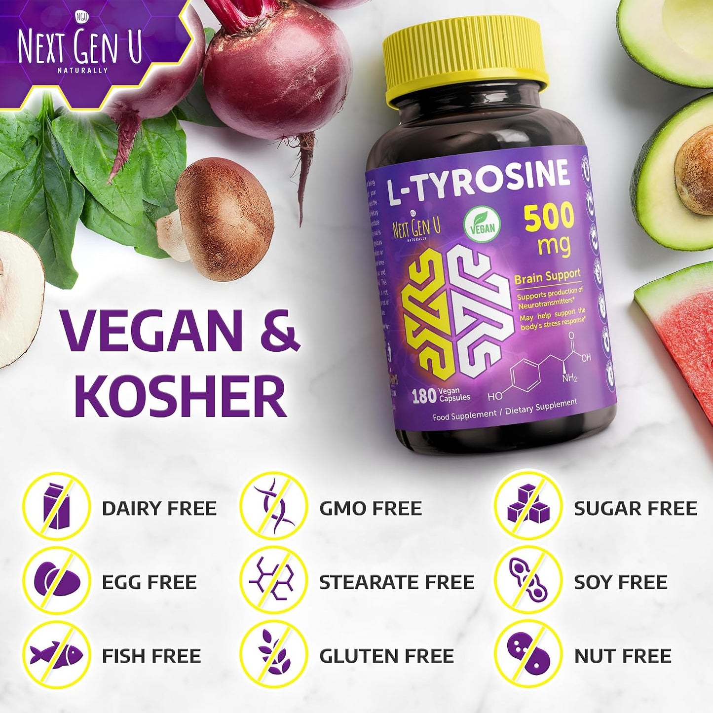 L-Tyrosine 500 mg - 180 Vegan Capsules - Mood and Cognitive Support Supplement by NextGenU - görsel 5