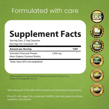 NaturaLife Labs Activated Charcoal 1200 mg - 100 Vegan Capsules (Coconut Shell)