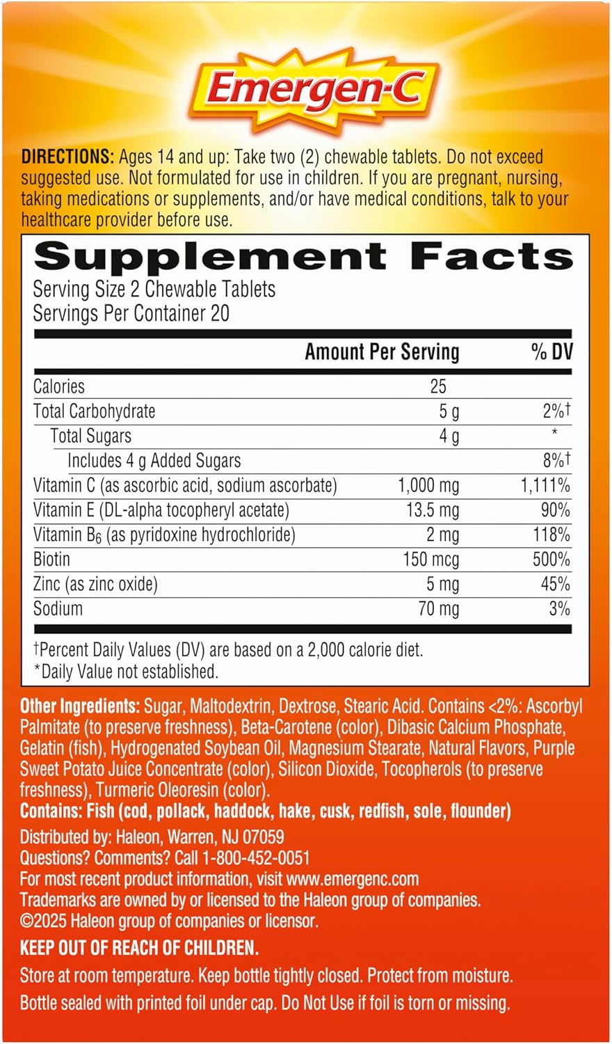 Emergen-C Chewable Vitamin C 1000mg with B Vitamins and Antioxidants, Orange Blast, 40 Chewable Tablets - görsel 10