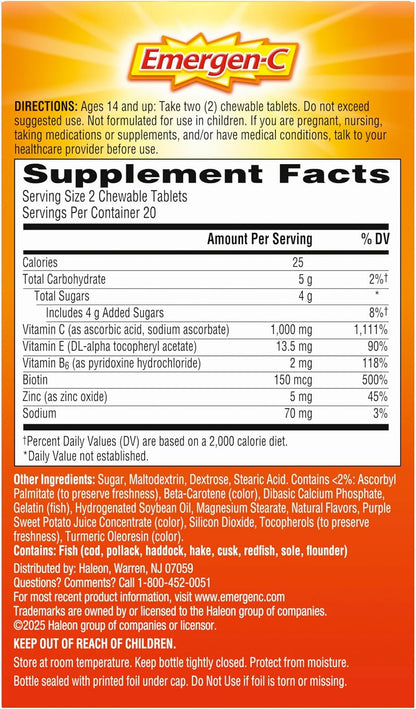 Emergen-C Chewable Vitamin C 1000mg with B Vitamins and Antioxidants, Orange Blast, 40 Chewable Tablets