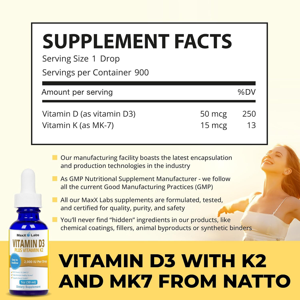 Vitamin D3 K2 Liquid Drops - 2000 IU D3 + MK7 from Natto - 30 ml (Approx. 900 Drops) - görsel 3