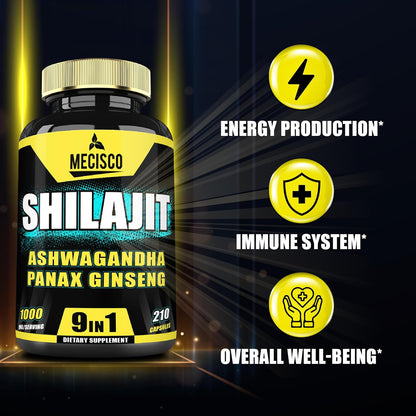 9in1 Shilajit Pure Himalayan Organic with Ashwagandha Root, Panax Ginseng, L-Arginine, Chaga & More – 210 Capsules
