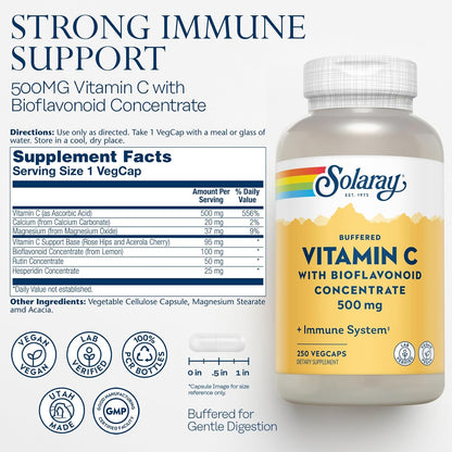 SOLARAY Buffered Vitamin C 500mg - with Bioflavonoids, Rose Hips & Acerola Cherry - Immune Support, Vegan