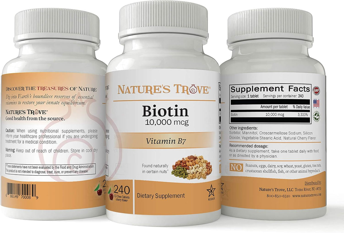 Nature's Trove Biotin 10,000 mcg Chewable Tablets, Cherry Flavour - 240 Easy Chew Tablets - görsel 3