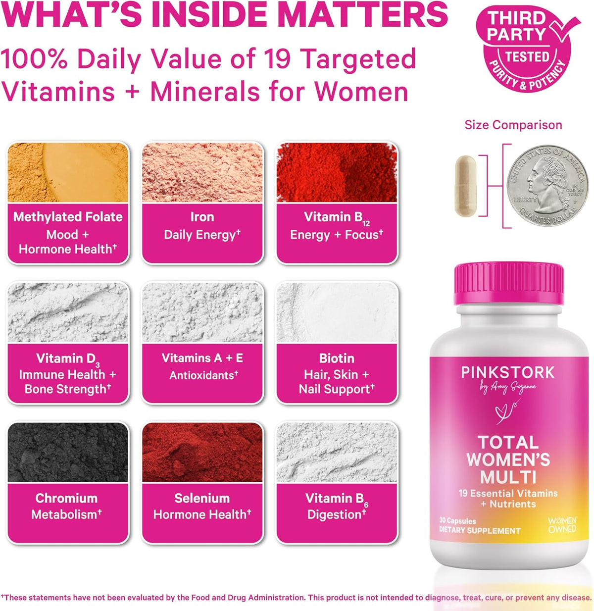 Pink Stork Total Women's Multivitamin – 19 Essential Vitamins & Minerals for Energy, Metabolism, Hormone, Immune & Mood Support (30 Capsules) - görsel 2