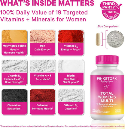 Pink Stork Total Women's Multivitamin – 19 Essential Vitamins & Minerals for Energy, Metabolism, Hormone, Immune & Mood Support (30 Capsules)
