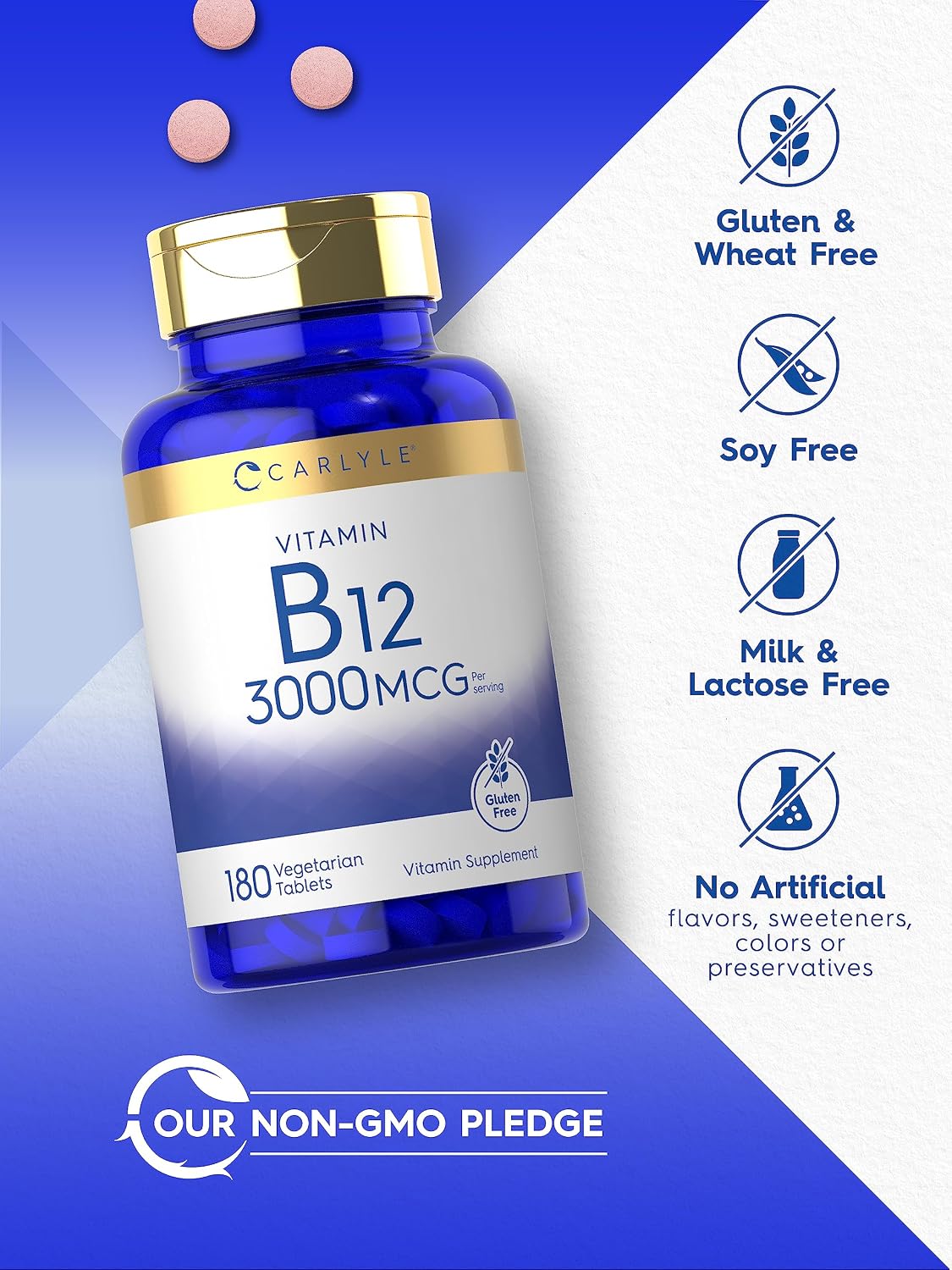Carlyle Vitamin B12 3000 mcg, 180 Tablets - Vegetarian, Non-GMO, Gluten-free Supplement - görsel 4
