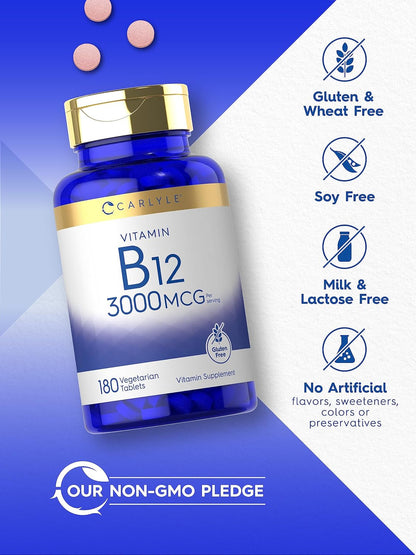 Carlyle Vitamin B12 3000 mcg, 180 Tablets - Vegetarian, Non-GMO, Gluten-free Supplement