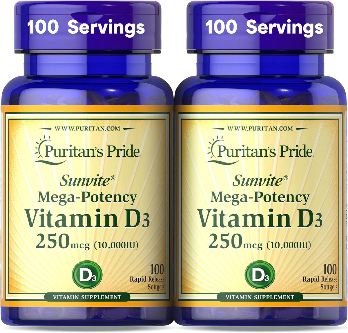 Puritan's Pride Premium Sunvite™ Mega-Potency Vitamin D3 10,000 IU, 200 Rapid-Release Softgels (2 x 100) - görsel 1