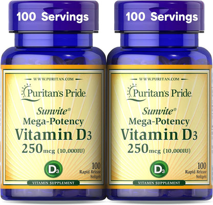 Puritan's Pride Premium Sunvite™ Mega-Potency Vitamin D3 10,000 IU, 200 Rapid-Release Softgels (2 x 100)