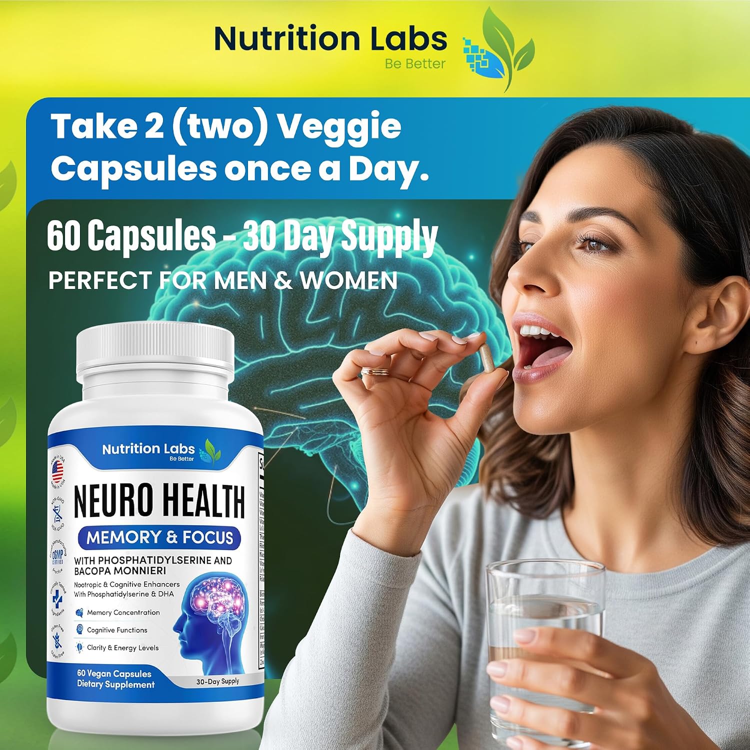 NUTRITION LABS BE BETTER Nootropic Brain Supplement - Memory & Focus Support with Bacopa Monnieri and B Vitamins - görsel 6