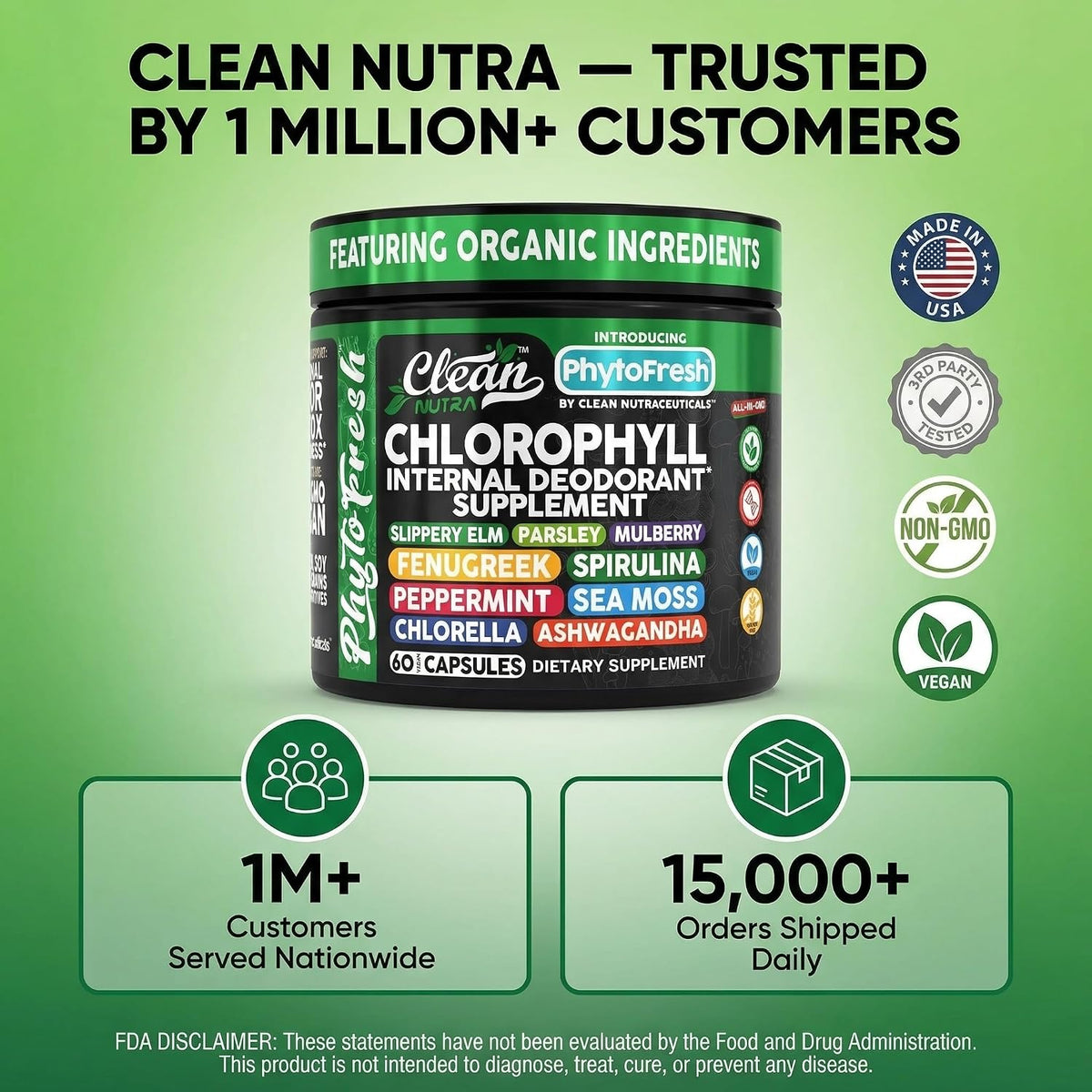 Clean Nutra Chlorophyll Capsules Supplement Internal Deodorant Peppermint, Sea Moss, Parsley, Chlorella, Spirulina, Slippery Elm, Ashwagandha, PhytoFresh Greens Detox Pills - görsel 8