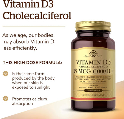 Solgar Vitamin D3 1000 IU Softgels, 250 Softgels
