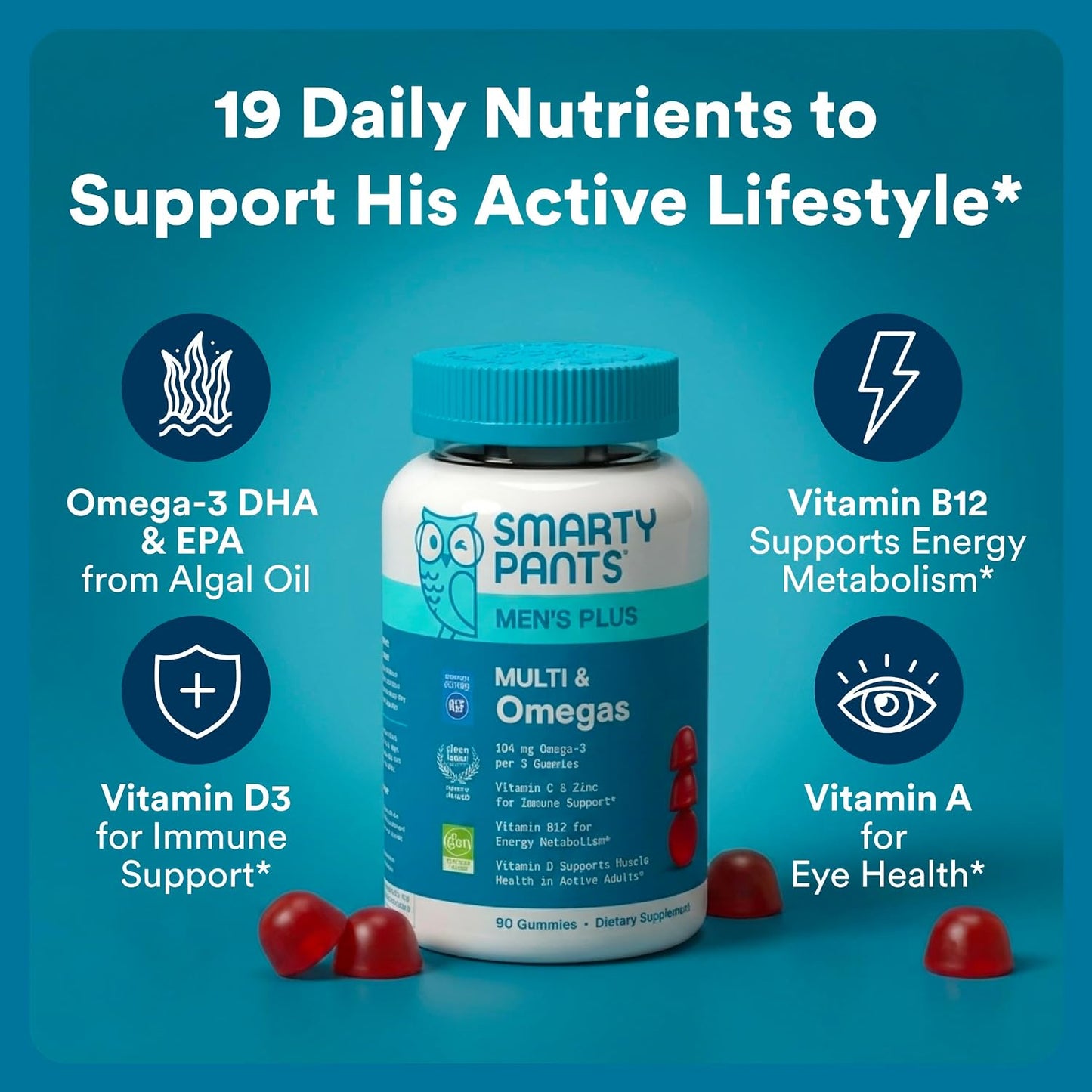 SmartyPants Men's Multivitamin Gummies with Omega-3 DHA/EPA, Methylfolate, Vitamin D3, C, B12, B6, A, K, Zinc – Raspberry Lemonade, 90 Count - görsel 2