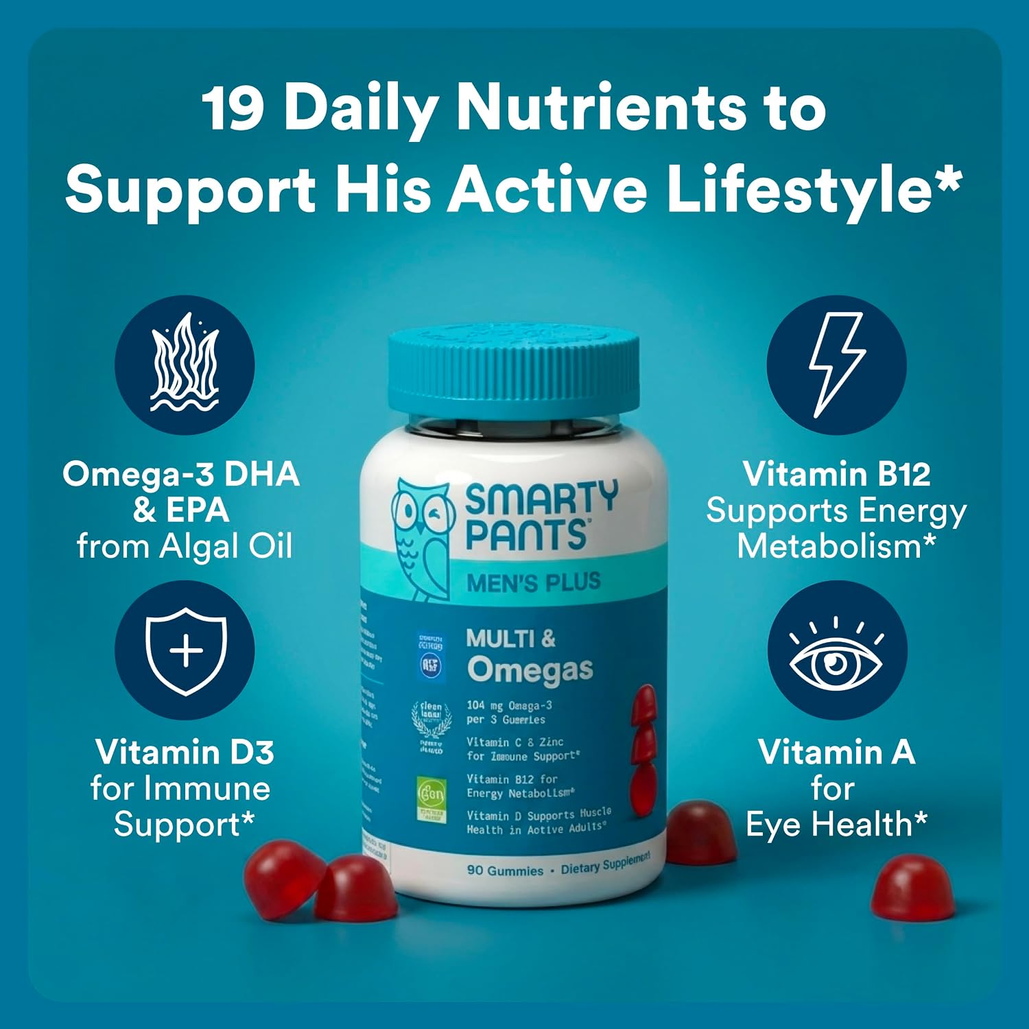 SmartyPants Men's Multivitamin Gummies with Omega-3 DHA/EPA, Methylfolate, Vitamin D3, C, B12, B6, A, K, Zinc – Raspberry Lemonade, 90 Count - görsel 2