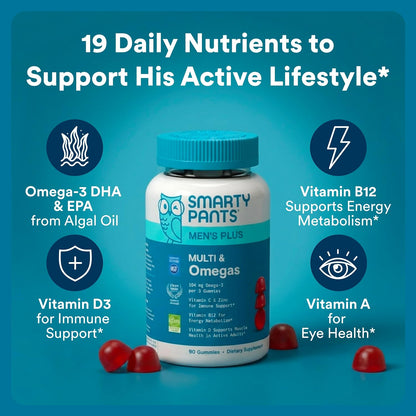 SmartyPants Men's Multivitamin Gummies with Omega-3 DHA/EPA, Methylfolate, Vitamin D3, C, B12, B6, A, K, Zinc – Raspberry Lemonade, 90 Count