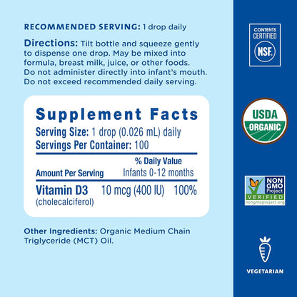 Mommy's Bliss Organic Vitamin D Drops, 400 IU, 3.3 ml (90 Drops)