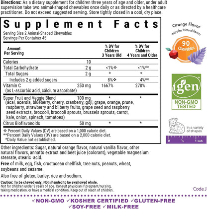 Bluebonnet Nutrition Rainforest Animalz Vitamin C Animal Shape Chewable Tablets, 250mg, Orange Flavour, 90 Count