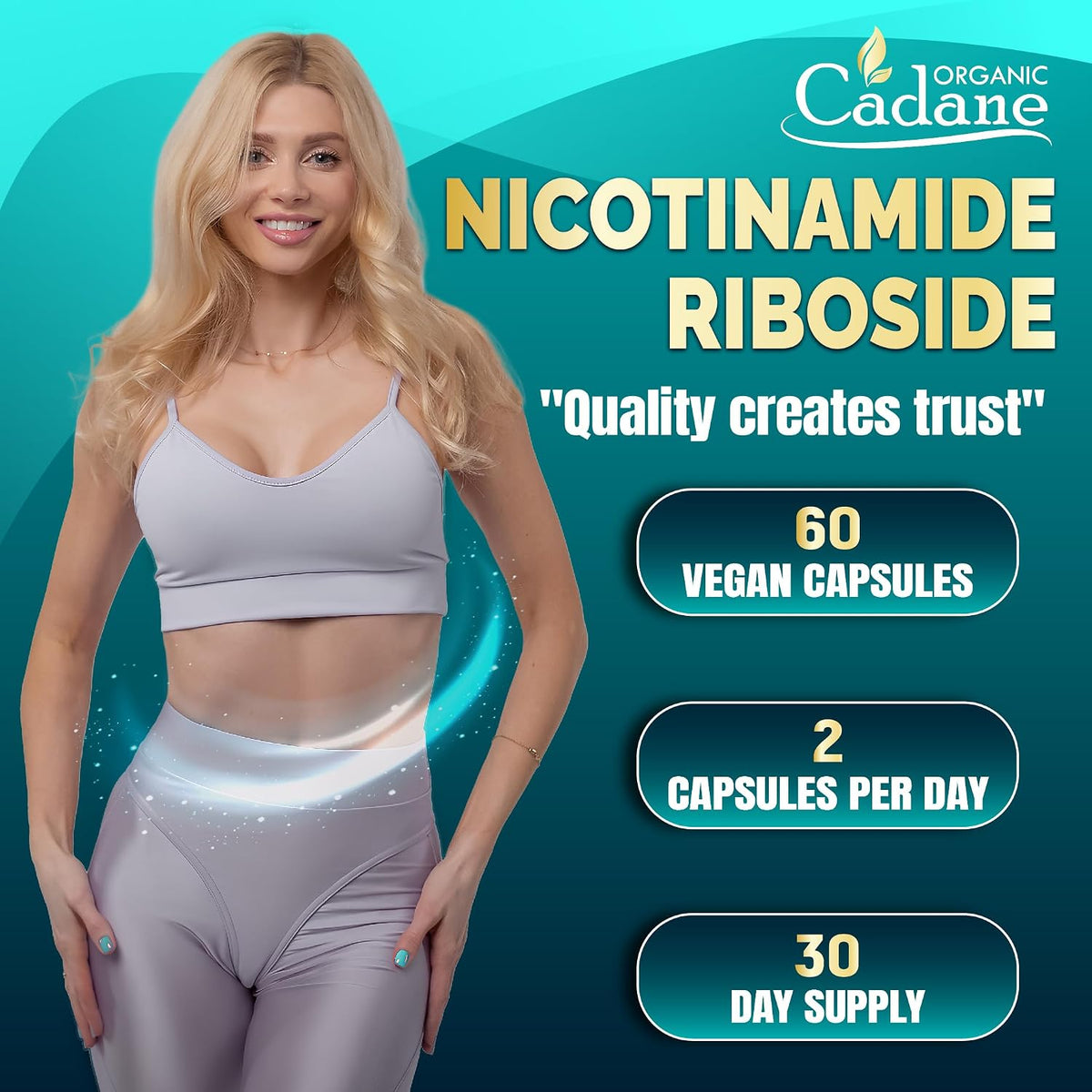 Organic Cadane Nicotinamide Riboside Food Supplement with Rhodiola Rosea, Ashwagandha & Green Tea – 60 Capsules - görsel 5