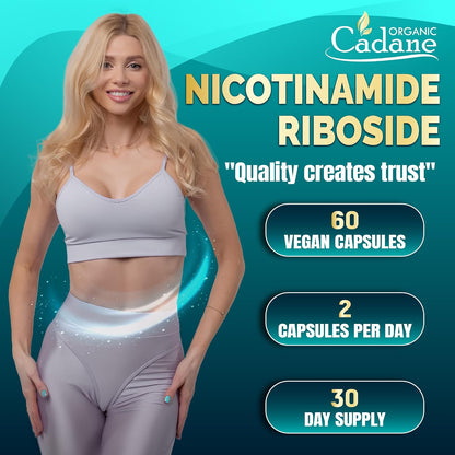 Organic Cadane Nicotinamide Riboside Food Supplement with Rhodiola Rosea, Ashwagandha & Green Tea – 60 Capsules