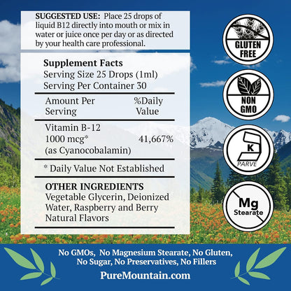 Pure Mountain Botanicals B12 1000 mcg - B12 Complex - Natural Berry Flavour - 30 Servings - Liquid Drops Vitamin - Kosher Supplement