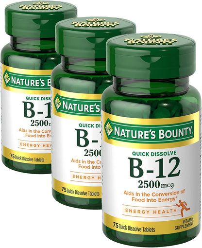 Nature's Bounty Vitamin B-12, Quick Dissolve, 2500 mcg, Natural Cherry Flavour, 150 Tablets (2-Pack)
